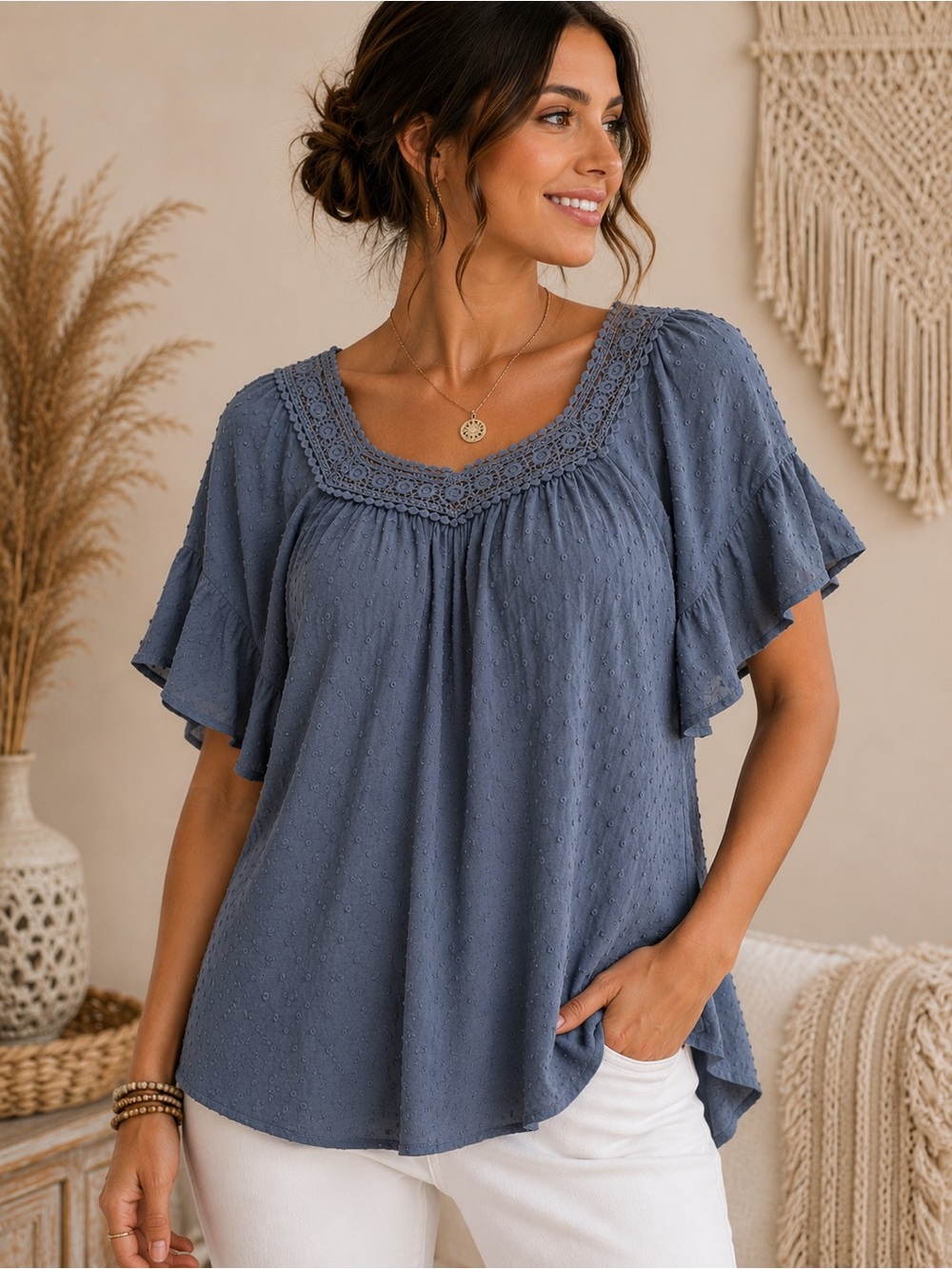 Catherines 2X Blue Swiss Dot Lace Trim Blouse Boho Plus Size